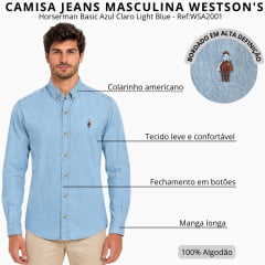 Camisa Masculina Westson's Manga Longa Jeans Horseman Basic Azul Claro Logo Bordado Ref:WSA2001