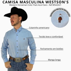 Camisa Masculina Westson's Manga Longa Western Horseman Color Pack Azul Claro Logo Bordado Ref:WSA2021