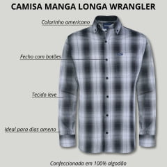 Camisa Masculina Wrangler Manga Longa Com Bolso Tricoline Xadrez Cinza e Preto - Ref. WLS141UN