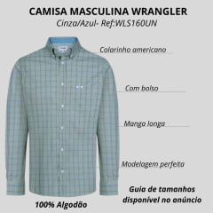 Camisa Masculina Wrangler Manga Longa Tricoline FT Com Bolso Xadrez Cinza/Azul Ref:WLS160UN