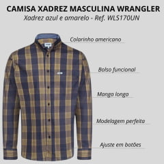 Camisa Masculina Wrangler Manga Longa Tricoline FT. Xadrez Grande Azul Marinho/Amarelo Escuro Branco Ref:WLS170UN