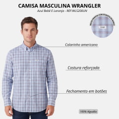 Camisa Masculina Wrangler Tricoline FT Manga Longa Xadrez Azul Bebê E Laranja REF:WLS200UN