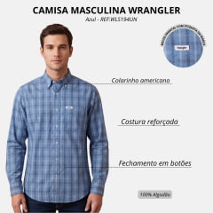 Camisa Masculina Wrangler Tricoline FT Manga Longa Xadrez Azul - REF:WLS194UN
