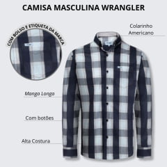 Camisa Masculina Wrangler Manga Longa Tricoline Xadrez Grande Com Bolso Preto Bege e Chumbo Ref.WLS167UN