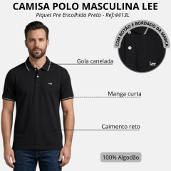 Camisa Polo Masculina Lee Piquet Pre Encolhida Lisa Manga Curta Preta Ref:4413L