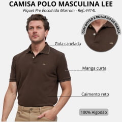 Camisa Polo Masculina Lee Piquet Pre Encolhida Marrom Detalhe Na Gola E Manga Ref:4414L