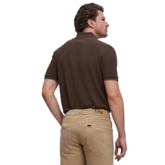 Camisa Polo Masculina Lee Piquet Pre Encolhida Marrom Detalhe Na Gola E Manga Ref:4414L
