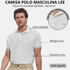 Camisa Polo Masculina Lee Piquet Pre Encolhida Off White Detalhe Na Gola E Manga Ref:4412L