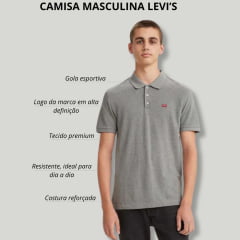 Camisa Polo Masculina Levi's Cinza Manga Curta Com Logo Vermelho - Ref. LB003-0007