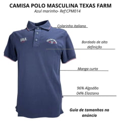Camisa Polo Masculina Texas Farm Friso New Style Azul Marinho Logo Bordado Branco Ref CPM014