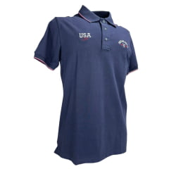 Camisa Polo Masculina Texas Farm Friso New Style Azul Marinho Logo Bordado Branco Ref CPM014