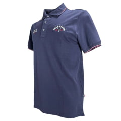 Camisa Polo Masculina Texas Farm Friso New Style Azul Marinho Logo Bordado Branco Ref CPM014