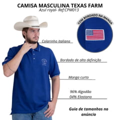 Camisa Polo Masculina Texas Farm Friso New Style Azul Royal Logo Bordado Branco Ref CPM013