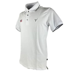 Camisa Polo Masculina Texas Farm Friso New Style Branco/ Cinza Com Logo Bordada Em Chumbo Bandeira EUA Ref: CPM012