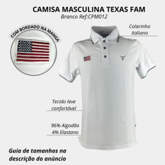 Camisa Polo Masculina Texas Farm Friso New Style Branco/ Cinza Com Logo Bordada Em Chumbo Bandeira EUA Ref: CPM012