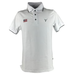 Camisa Polo Masculina Texas Farm Friso New Style Branco/ Cinza Com Logo Bordada Em Chumbo Bandeira EUA Ref: CPM012