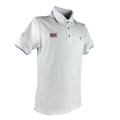 Camisa Polo Masculina Texas Farm Friso New Style Branco/ Cinza Com Logo Bordada Em Chumbo Bandeira EUA Ref: CPM012