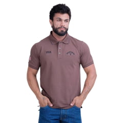 Camisa Polo Masculina Texas Farm Friso New Style Marrom Chocolate Com Logo Bordada Ref CPM014