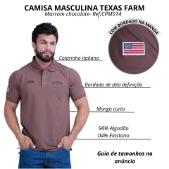 Camisa Polo Masculina Texas Farm Friso New Style Marrom Chocolate Com Logo Bordada Ref CPM014