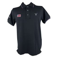 Camisa Polo Masculina Texas Farm Friso New Style Preto/Branco Com Logo Bordada Em Branco Bandeira EUA Ref: CPM015