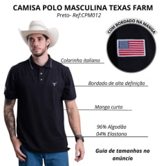 Camisa Polo Masculina Texas Farm Friso New Style Preto Logo Bordado Branco Ref CPM012