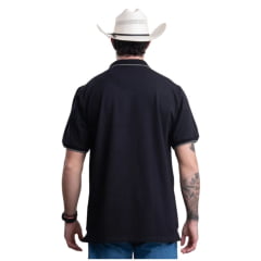 Camisa Polo Masculina Texas Farm Friso New Style Preto Logo Bordado Branco Ref CPM012