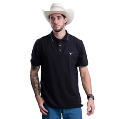 Camisa Polo Masculina Texas Farm Friso New Style Preto Logo Bordado Branco Ref CPM012