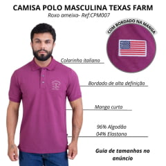 Camisa Polo Masculina Texas Farm Friso New Style Roxo Ameixa Logo Bordado Branco Ref CPM007
