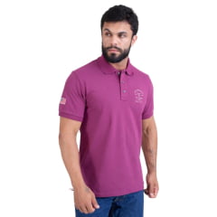 Camisa Polo Masculina Texas Farm Friso New Style Roxo Ameixa Logo Bordado Branco Ref CPM007