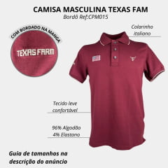 Camisa Polo Masculina Texas Farm Friso New Style Vermelho Vinho Com Logo Bordada Em Bege Bandeira EUA Ref: CPM015