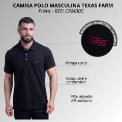 Camisa Polo Masculina Texas Farm Manga Curta Preta C/ Logo Vermelho Bordô REF: CPM005