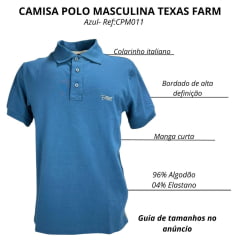 Camisa Polo Masculina Texas Farm New Style Azul Intense Com Logo Branco E Bandeira Bordada Na Manga Ref:CPM011