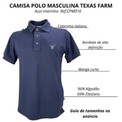 Camisa Polo Masculina Texas Farm New Style Azul Marinho Com Logo Cinza E Bandeira Bordada Na Manga Ref:CPM016