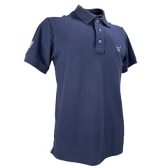 Camisa Polo Masculina Texas Farm New Style Azul Marinho Com Logo Cinza E Bandeira Bordada Na Manga Ref:CPM016