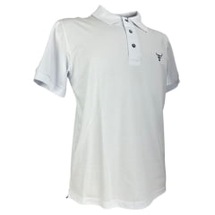 Camisa Polo Masculina Texas Farm New Style Branco Com Logo Azul Marinho E Bandeira Bordada Na Manga Ref:CPM016
