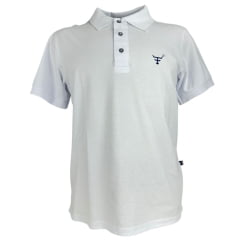 Camisa Polo Masculina Texas Farm New Style Branco Com Logo Azul Marinho E Bandeira Bordada Na Manga Ref:CPM016