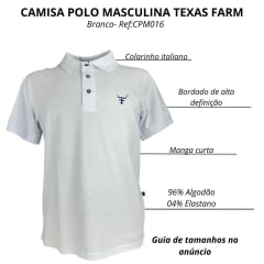 Camisa Polo Masculina Texas Farm New Style Branco Com Logo Azul Marinho E Bandeira Bordada Na Manga Ref:CPM016