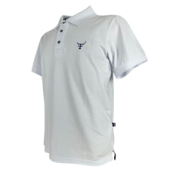 Camisa Polo Masculina Texas Farm New Style Branco Com Logo Azul Marinho E Bandeira Bordada Na Manga Ref:CPM016