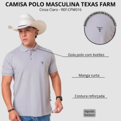 Camisa Polo Masculina Texas Farm New Style Cinza Claro Bordado Preto REF:CPM016