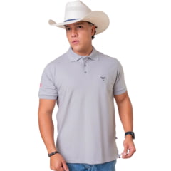Camisa Polo Masculina Texas Farm New Style Cinza Claro Bordado Preto REF:CPM016