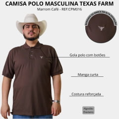 Camisa Polo Masculina Texas Farm New Style Marrom Café Logo Branco REF:CPM016