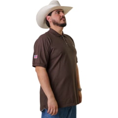 Camisa Polo Masculina Texas Farm New Style Marrom Café Logo Branco REF:CPM016