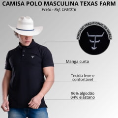 Camisa Polo Masculina Texas Farm New Style Preto Logo Branco Ref:CPM016