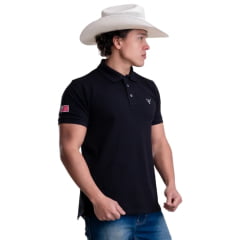 Camisa Polo Masculina Texas Farm New Style Preto Logo Branco Ref:CPM016