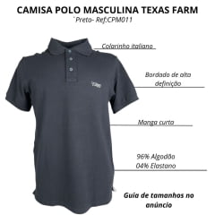 Camisa Polo Masculina Texas Farm New Style Preto Com Logo Branco E Bandeira Na Manga Ref:CPM011