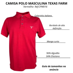 Camisa Polo Masculina Texas Farm New Style Vermelho Com Logo Branco E Bandeira Bordada Na Manga Ref:CPM016