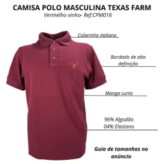 Camisa Polo Masculina Texas Farm New Style Vermelho Vinho Com Logo Dourado E Bandeira Bordada Na Manga Ref:CPM016