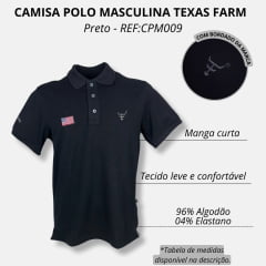 Camisa Polo Masculina Texas Farm Preta Com Logo Bordada Em Cinza New Style Ref.CPM009