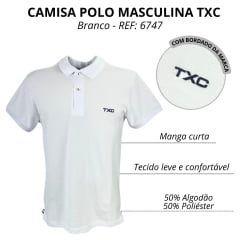 Camisa Polo Masculina TXC Branca Manga Curta Classic Com Logo Bordado Em Azul - REF: 6747