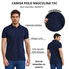 Camisa Polo Masculina TXC Classic Manga Curta Regular Piquet Azul Marinho Com Logo Aplicado Ref:6873
